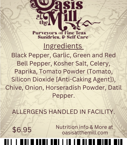 Blackpepper Garlic Greenandredbellpepper Koshersalt)Celery Paprika Tomatopowder Chive Onion Horseradishpowder Datilpepper 1oz