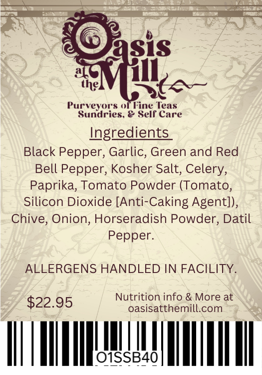 Blackpepper Garlic Greenandredbellpepper Koshersalt)Celery Paprika Tomatopowder Chive Onion Horseradishpowder Datilpepper 4oz
