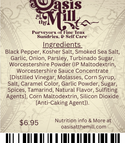 Blackpepper Koshersalt Smokedseasalt Garlic Onion Parsley Turbinadosugar Worcestershirepowder 1oz