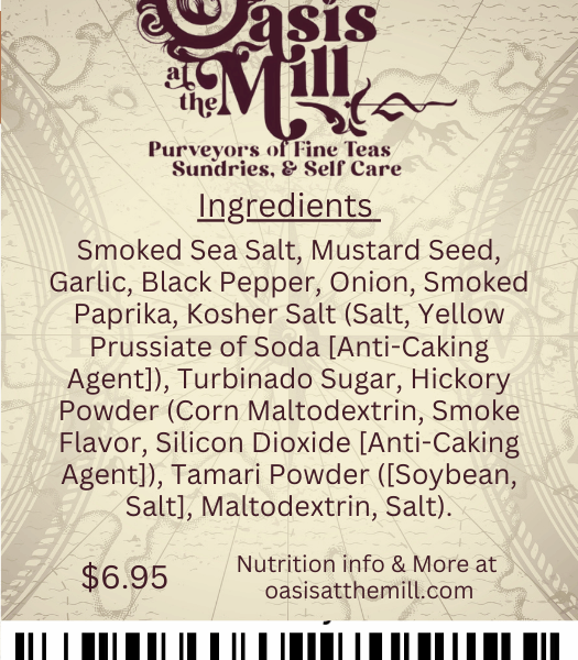 Smokedseasalt Mustardseed Garlic Blackpepper Onion Smokedpaprika Koshersalt Turbinadosugar Hickorypowder Tamaripowder 1oz