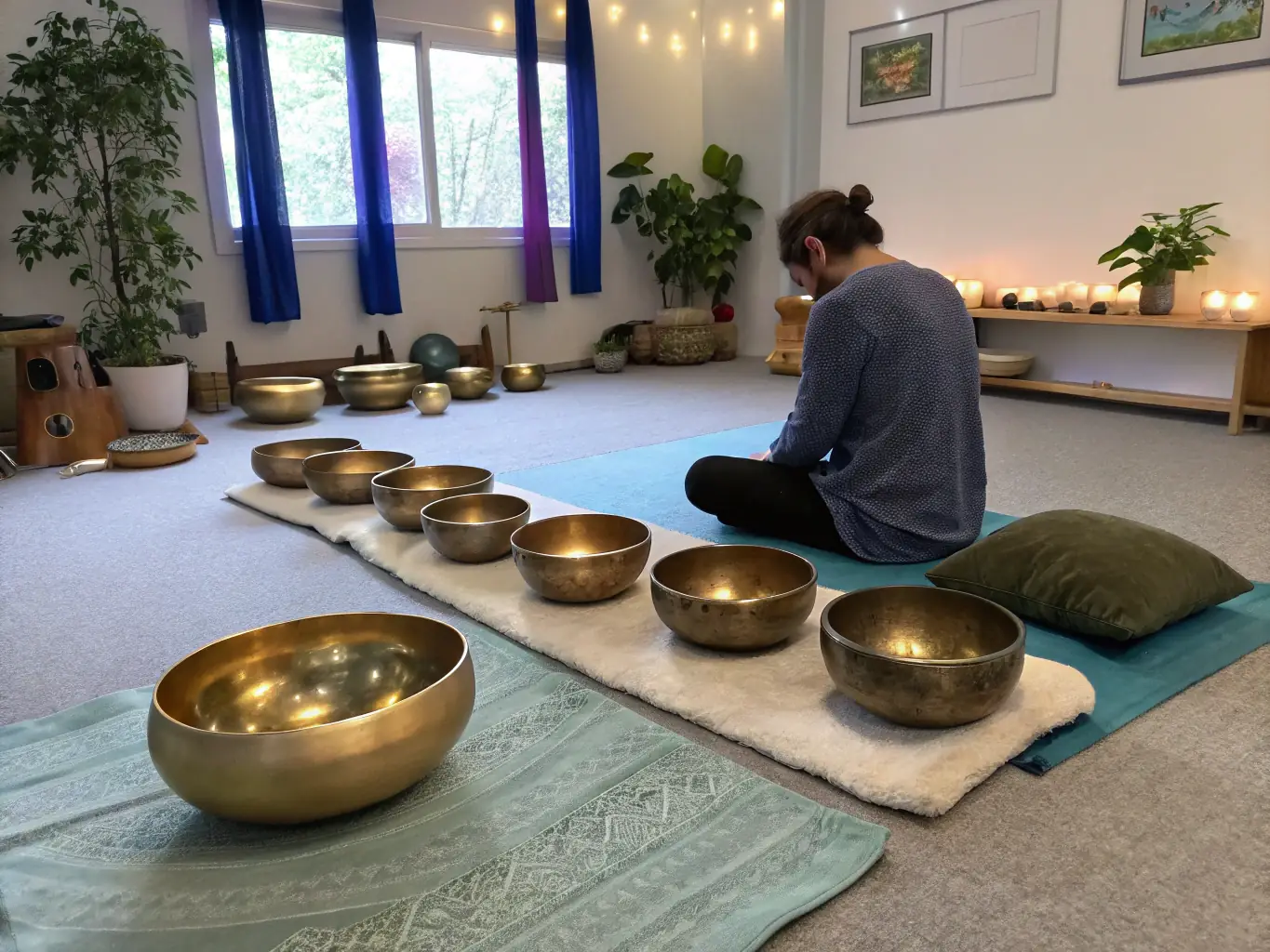 A calming image of a sound therapy session, featuring crystal bowls and soft lighting, creating a peaceful atmosphere at Oasis at The Mill.