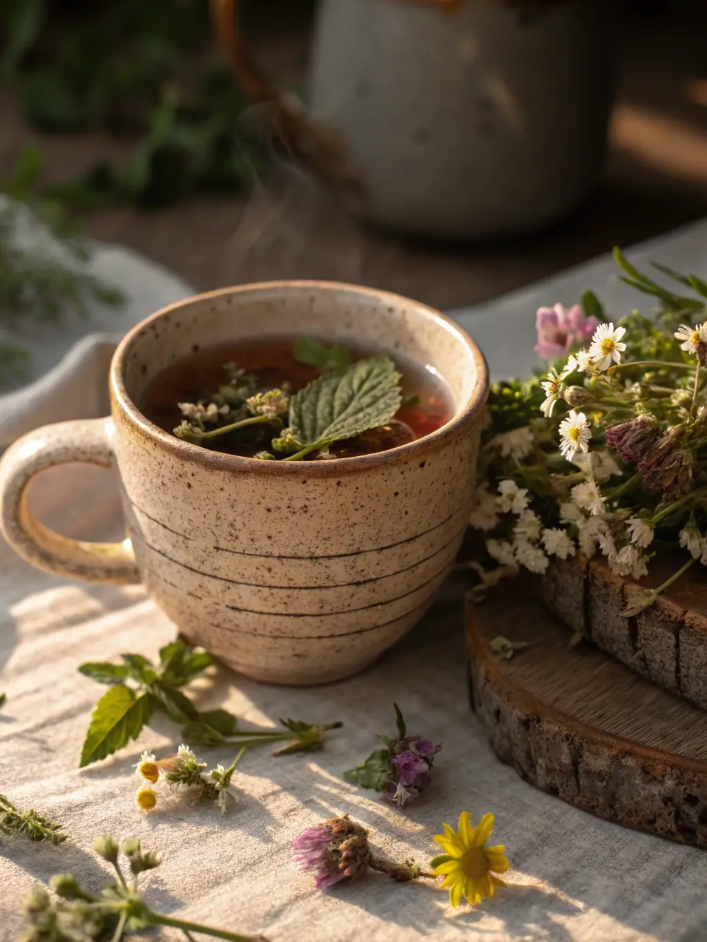 A close-up shot of Mocha Mushroom tea leaves, showcasing their rich color and texture, placed in a rustic wooden bowl, highlighting the gourmet quality of Oasis at The Mill's tea selection.