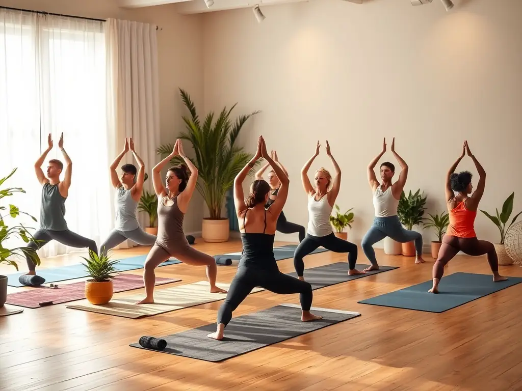 A peaceful image of a yoga and meditation class in a softly lit studio, with participants in various yoga poses at Oasis at The Mill.