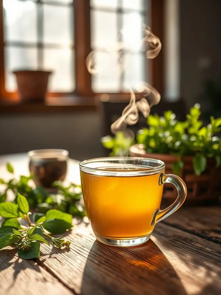 A serene image of Chillaxin' Chaga tea being poured into a glass cup, with soft, natural lighting, emphasizing the calming and wellness aspect of Oasis at The Mill's offerings.