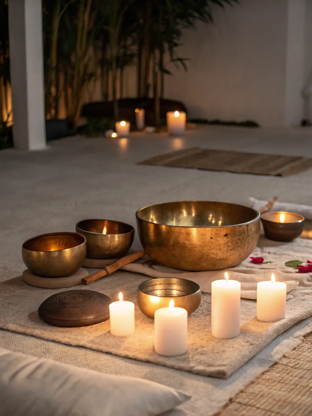 A visually appealing image of sound bowls being used in a sound therapy session, with soft lighting and a focus on the vibrational energy.