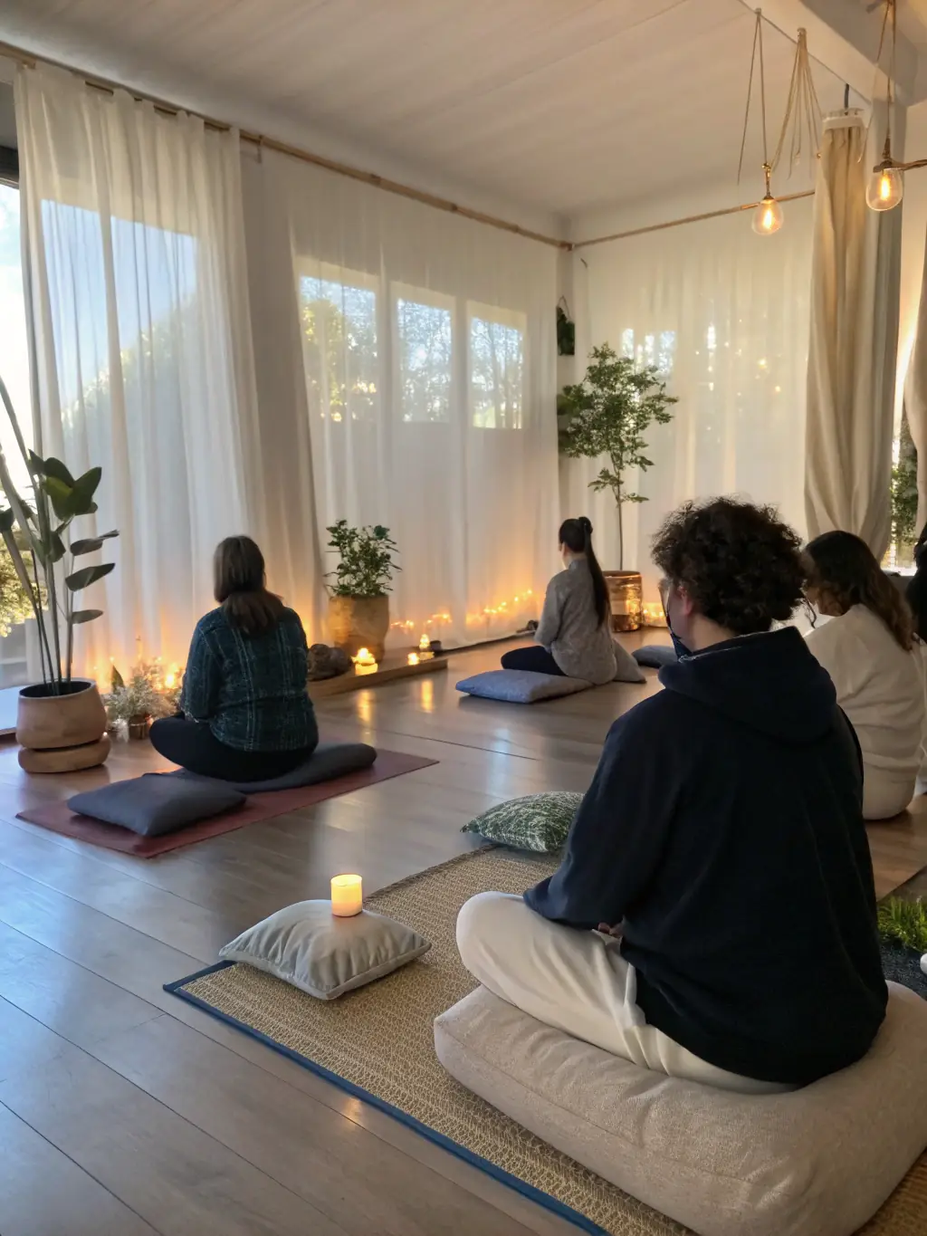 A calming meditation session with participants seated comfortably, focusing on mindfulness and inner peace, highlighting the mental clarity offered at Oasis at The Mill.