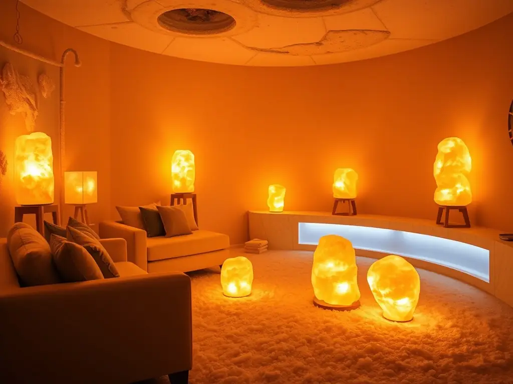 A serene image of a halo-therapy session in progress, showing a person relaxing comfortably in a softly lit halo booth at Oasis at The Mill.