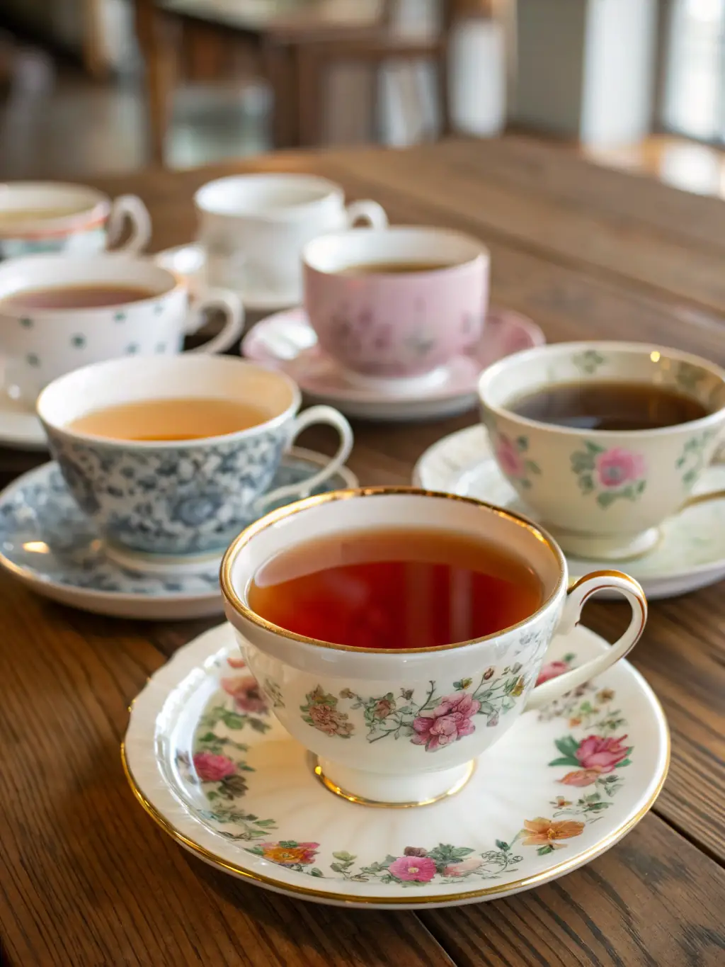 A display of various tea sundries, including tea infusers, strainers, and measuring spoons, neatly arranged on a wooden shelf, showcasing the range of accessories available at Oasis at The Mill.