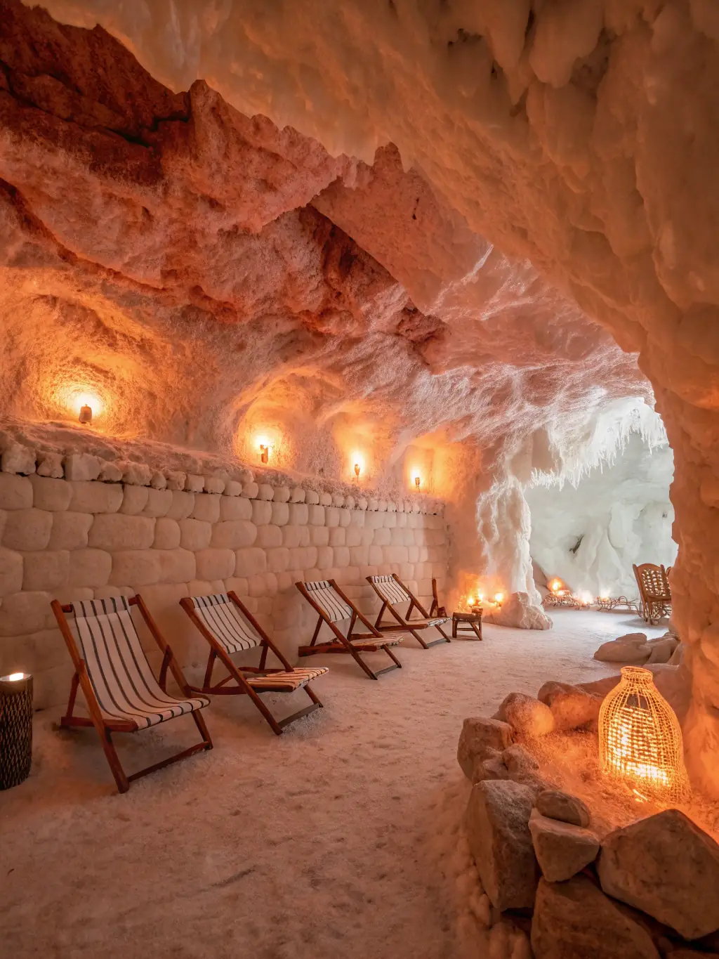 A serene image of a salt cave interior, softly lit with Himalayan salt lamps, creating a calming and therapeutic atmosphere for Halo-therapy at Oasis at The Mill.