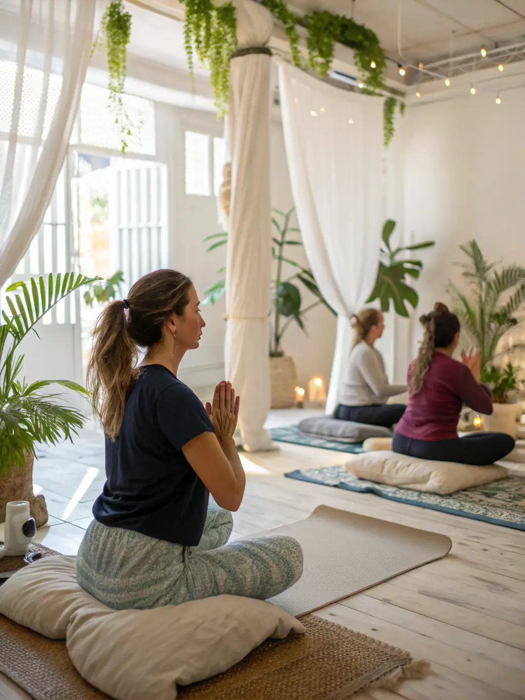 A peaceful image of a yoga class in session, with participants in various poses and a focus on mindfulness and breath control.