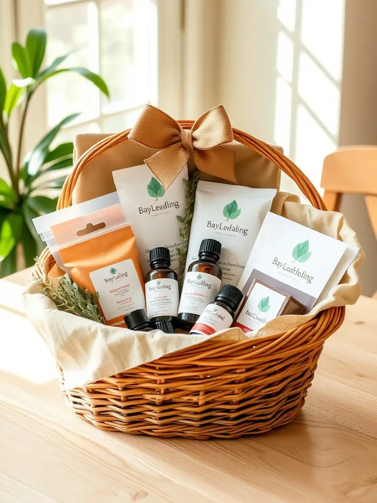 A beautifully arranged gift basket featuring a selection of fine teas, honey sticks, and a ceramic mug, all elegantly packaged, representing the unique gifts available at Oasis at The Mill.